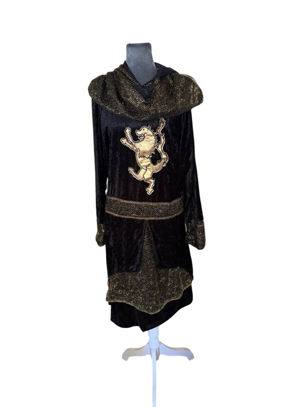 Medieval-Style Black & Gold Costume With Lion Crest & Hooded Design Size L